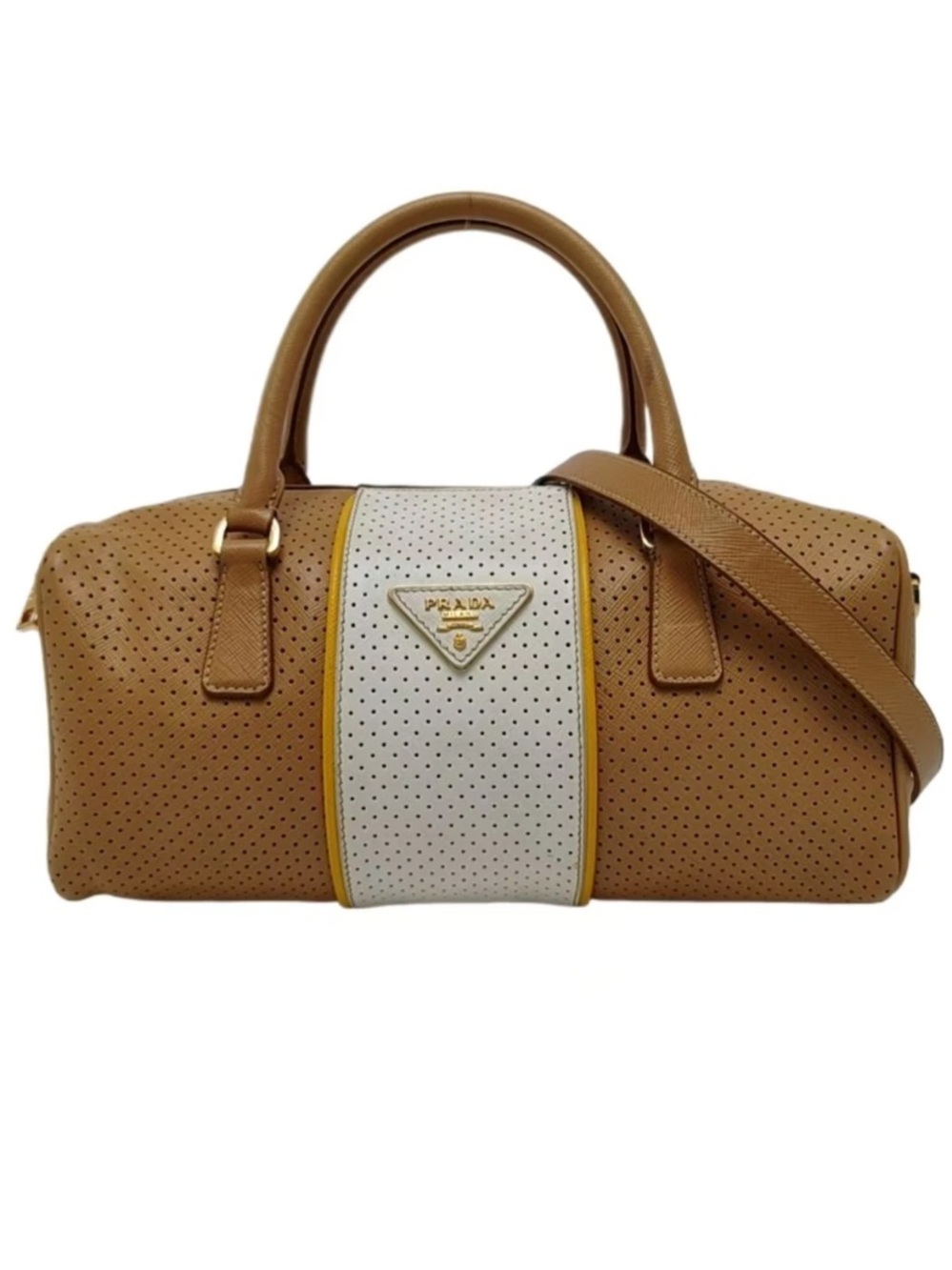 PRADA⭐️Vitello Daino Tan and White Perforated Leather Large Prada Barrel Hobo!⭐️ - Picture 13 of 16